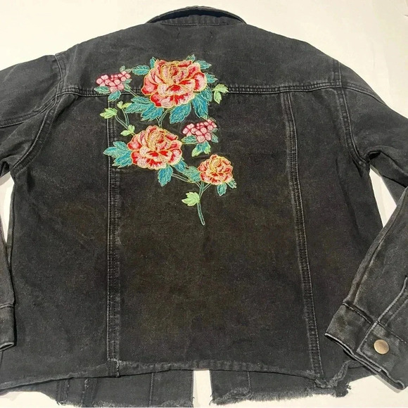 Dark Wash Denim Cropped Jean Jacket Embroidered Back Design Flowers Medium Women - Picture 4 of 6